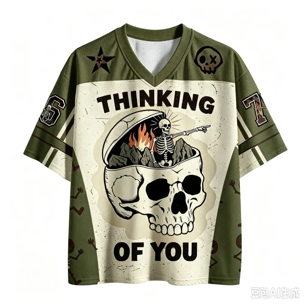 Retro-Skelettmuster Sport Schnelltrocknend Atmungsaktiv 3D-Gedrucktes Herren V-Neck T-Shirt Street Fashion Hip-Hop Y2K Eltern-Kind-Kleidung – Detail 6