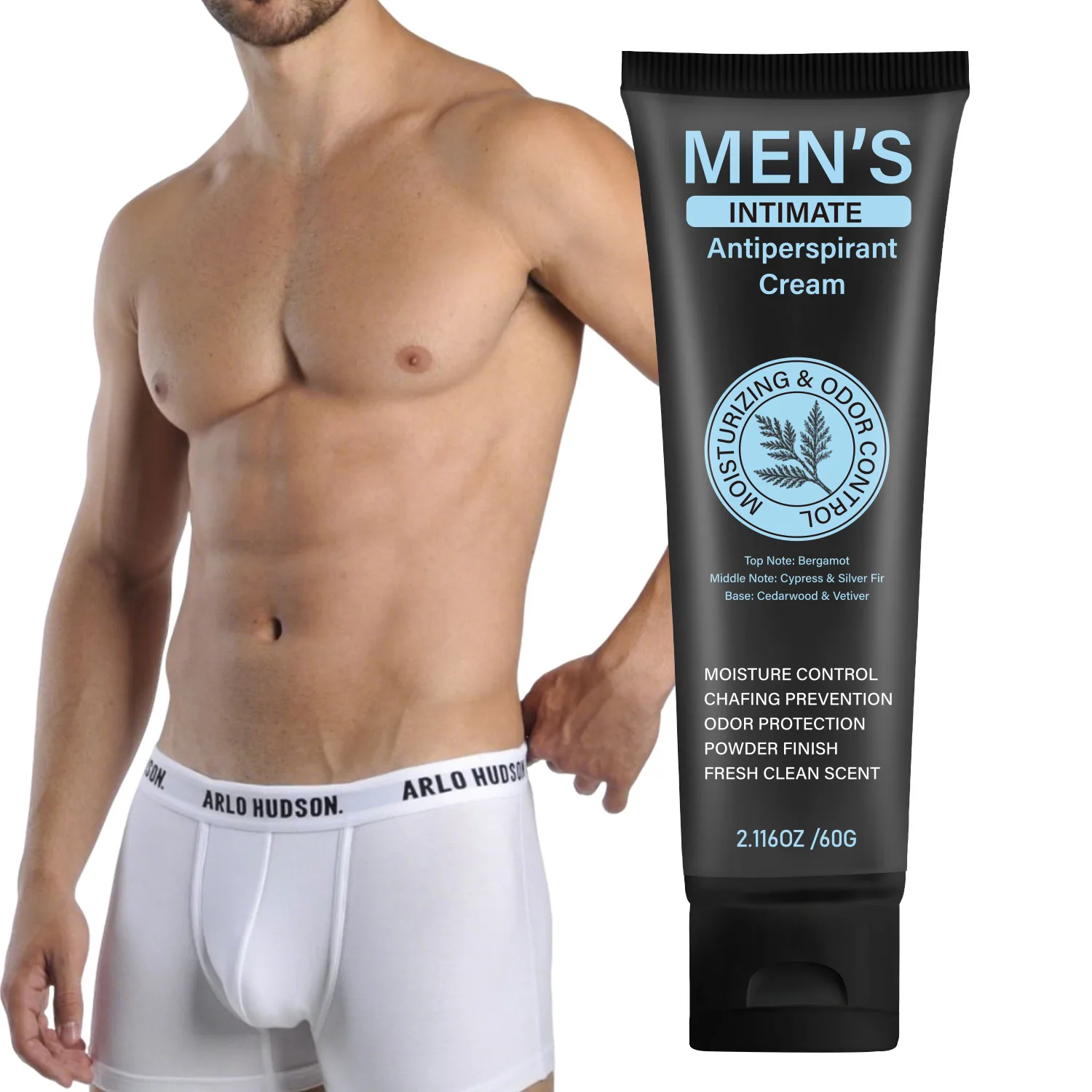 Men’s Intimate Antiperspirant Cream – 72H Odor Control, Moisture & Chafing Prevention with Aloe Vera, Calendula & Tea Tree Oil.