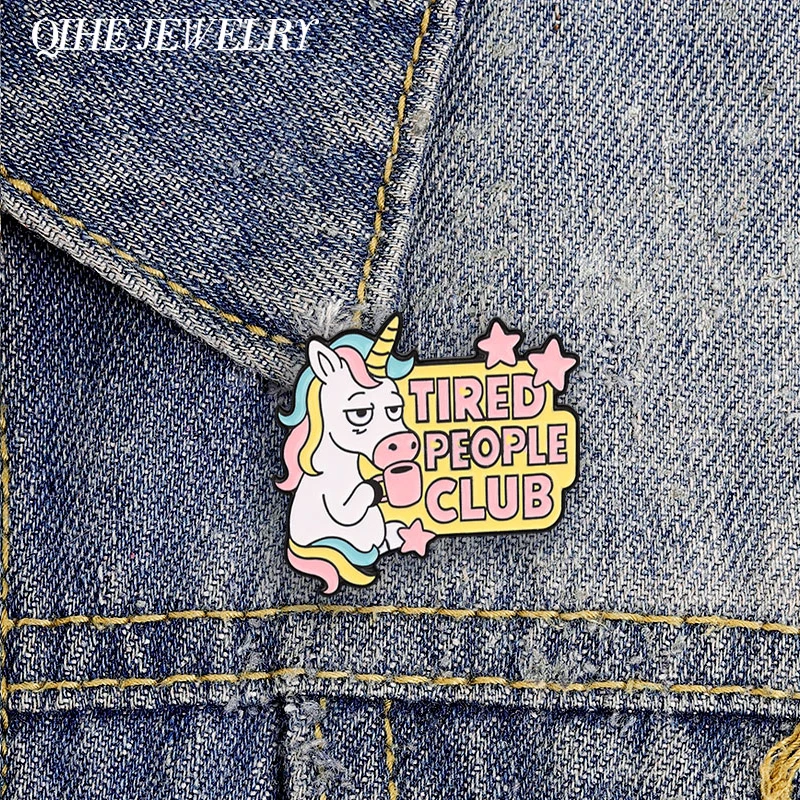 Tired People Club Enamel Pin Cartoon Tired Unicorn Droopy Eyes Drinking Coffee Brooch Pin for Exhausted Students Office Workers