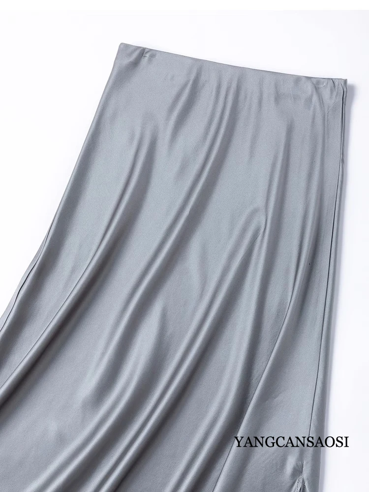 2025 Women's Fashion Spring Extended Galaxy Grey 100% Natural Mulberry Silk Crepe Satin Single Side Split Hip Wrapping Skirt