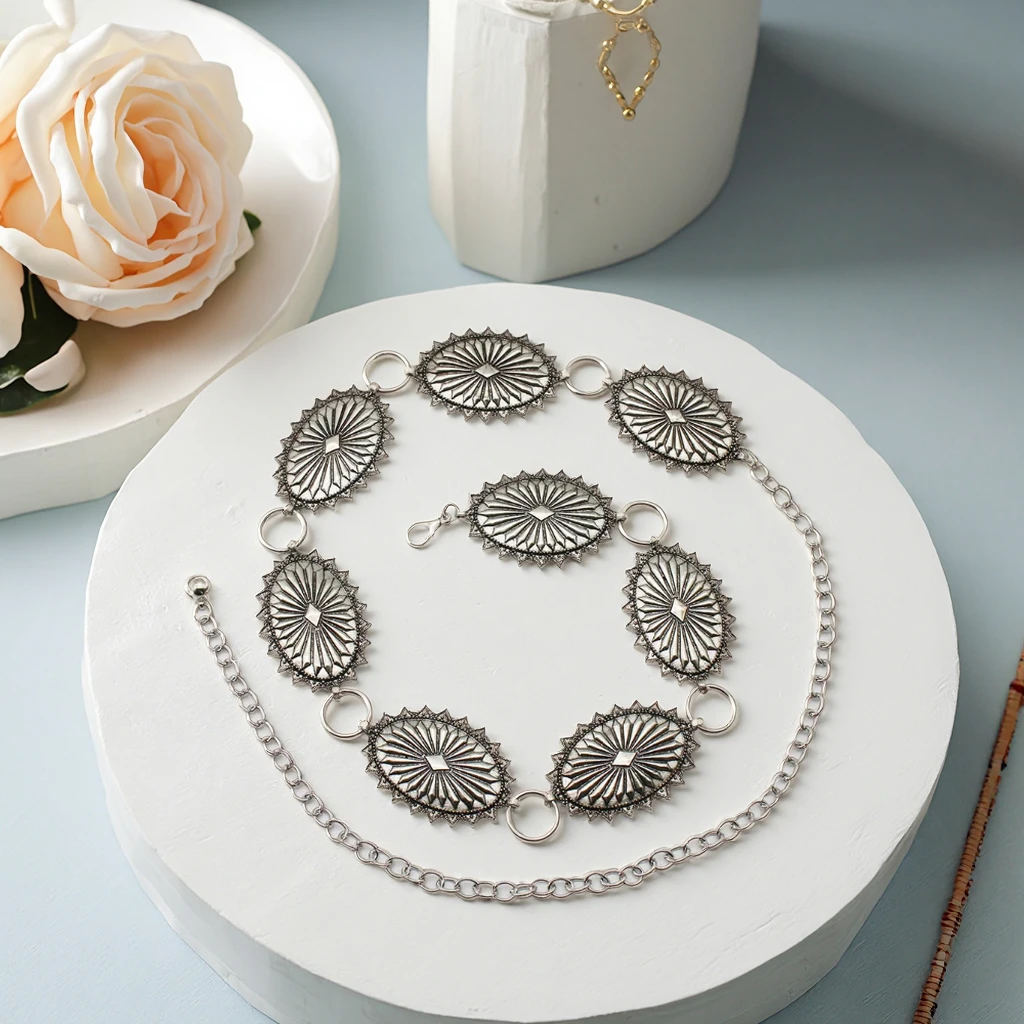 CONCHO LINK BELT Southwestern Sun Star Burst Stamped Metal Medallion Concho Chain Belt Cowgirl Summer Dress Waist Boho Accessori