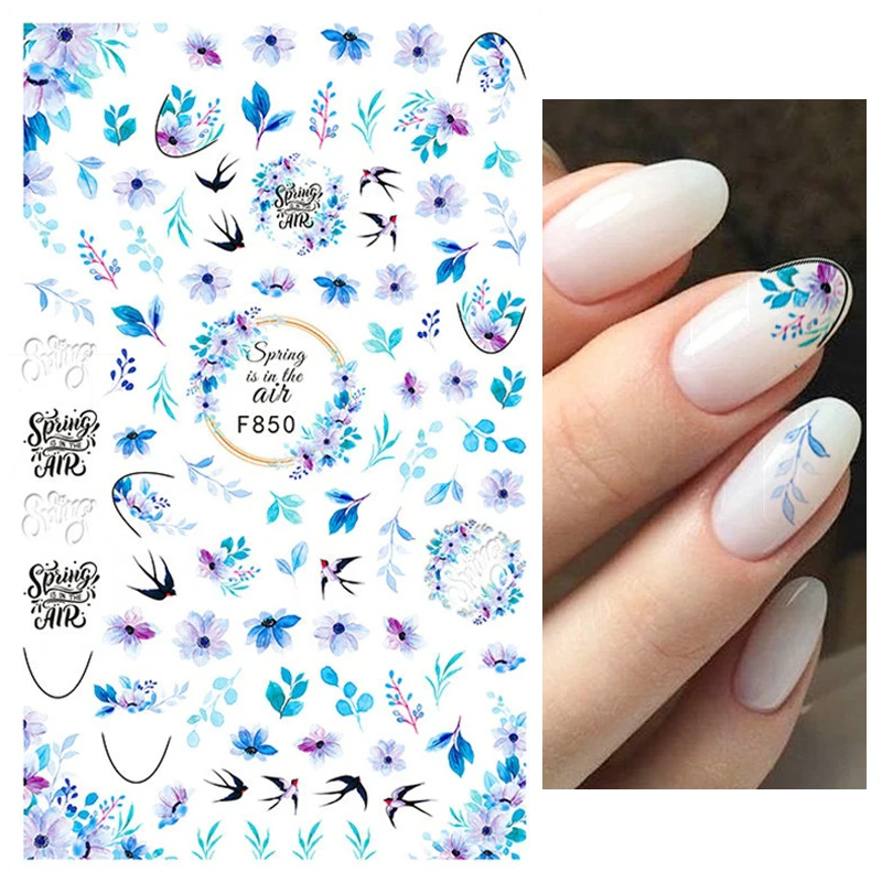 Nail Art Decals Watercolor Florals Blue Purple Flowers Leafs Birds Back Glue Nail Stickers Decoration For Nail Tips Beauty