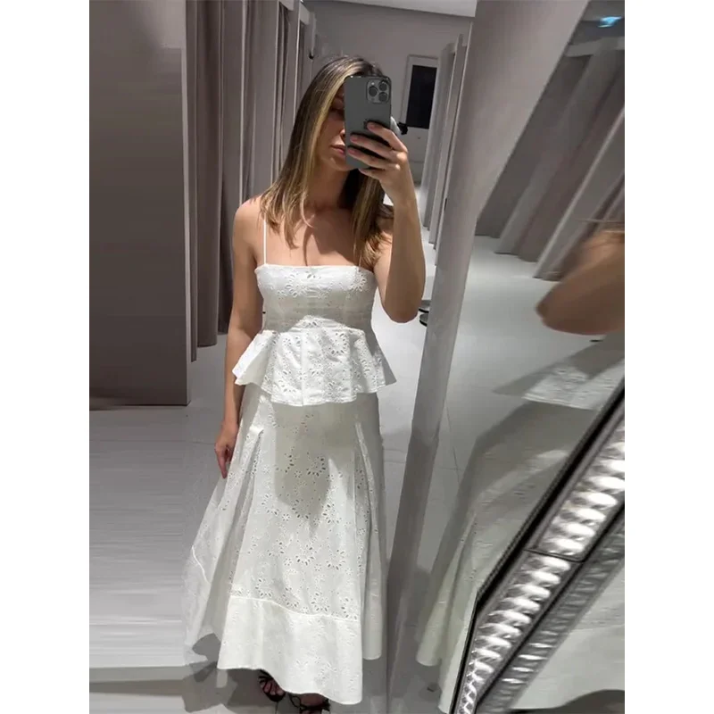 

Bonny Vacation Hollow Out White Top Skirt Women Set Elegant Pleated Sling Vest Mid Patchwork Skirts 2025Summer Beach Lady Outfit
