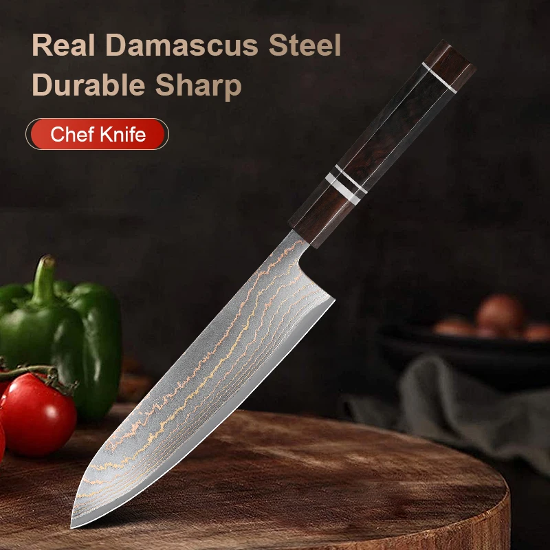 

8-inch Kitchen knife 37 Layers Tricolour Copper Damascus Steel Razor Sharp chef Knife Ebony Wood Handle