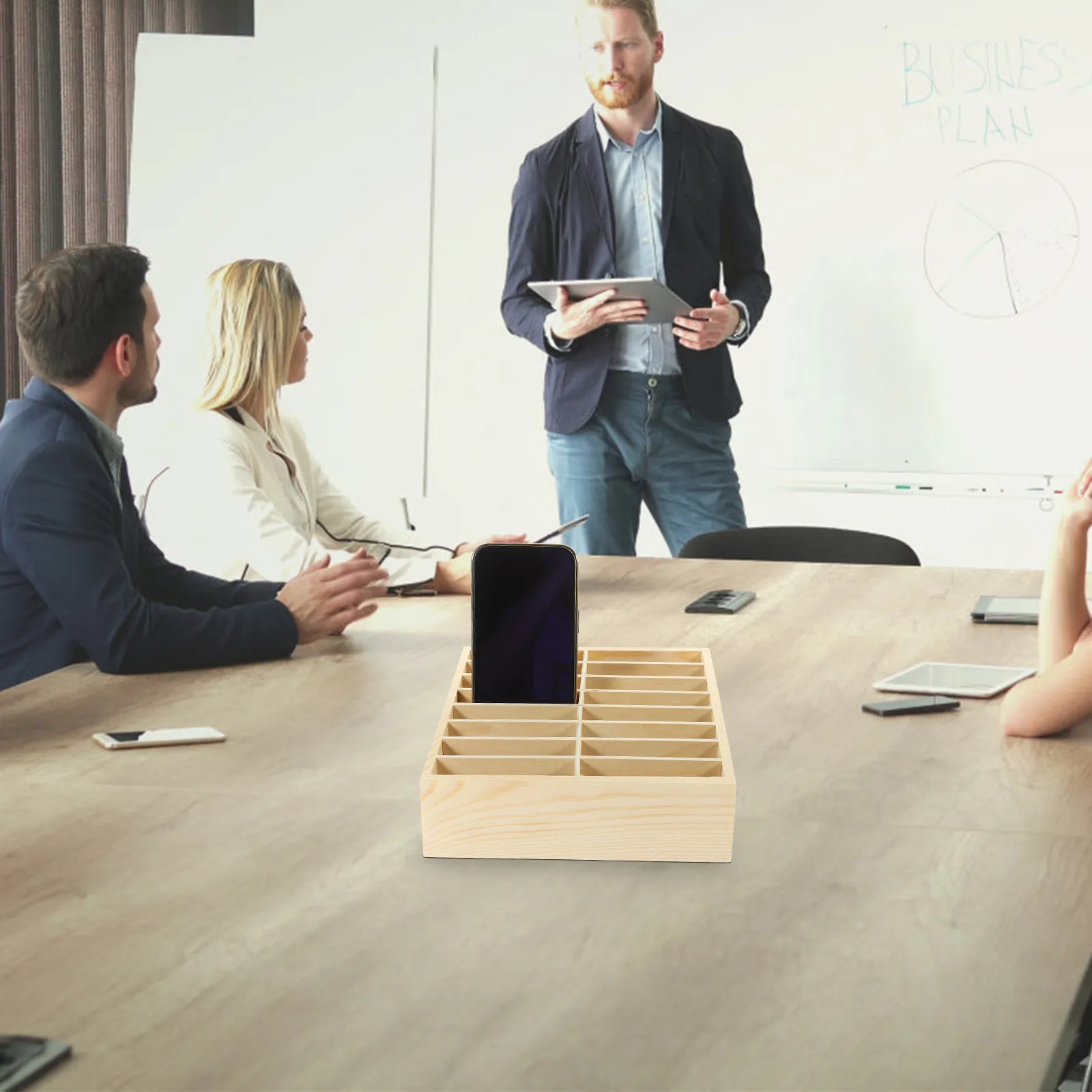 

Simple Fashionable Wooden Multi-Grid Phone Organizer Box for Desktop Cell Phone Management Display Storage Classroom Office
