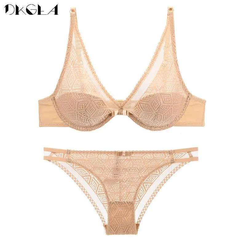 Comfortable Thin Underwear Set Lace Hollow Fashion Green Bra Sets Women Lingerie Embroidery Brassiere A B C Cup Sexy Bras Deep V