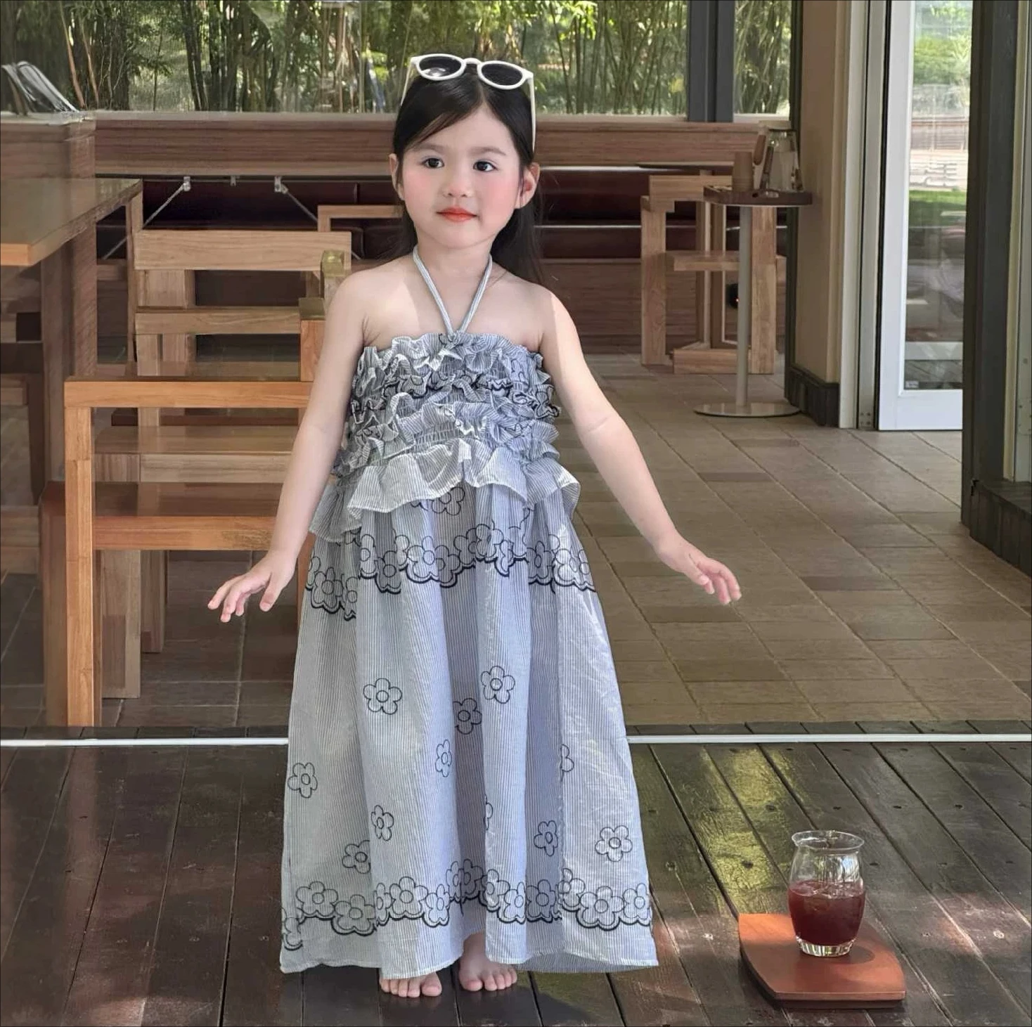 Korean Children Clothing Girls Summer Retro Blue Striped Embroidered Suspender Hanging Neck Seaside Vacation Style Dress