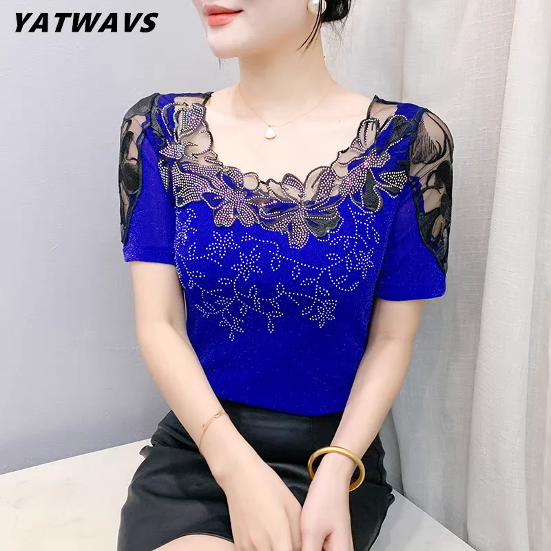 

Summer Korean Women T-Shirt Chic Sexy Lace Hollow Embroidery Patchwork Mesh Tops Elegant O-Neck Diamonds Short Sleeve Tees