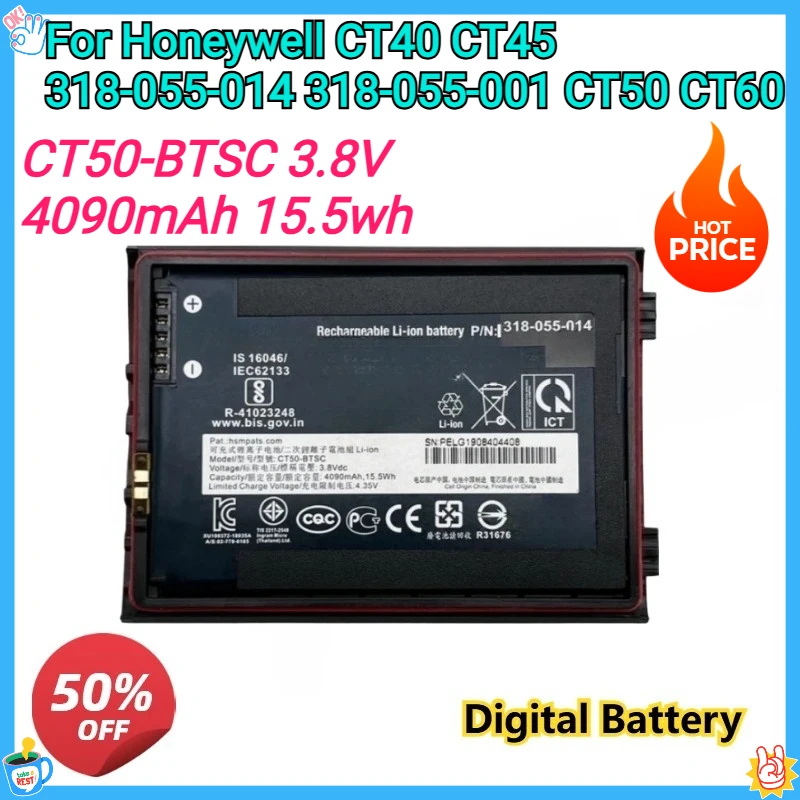 

For Honeywell CT40 CT45 318-055-014 318-055-001 CT50 CT60 New Replacement Digital Battery CT50-BTSC 3.8V 4090mAh 15.5Wh