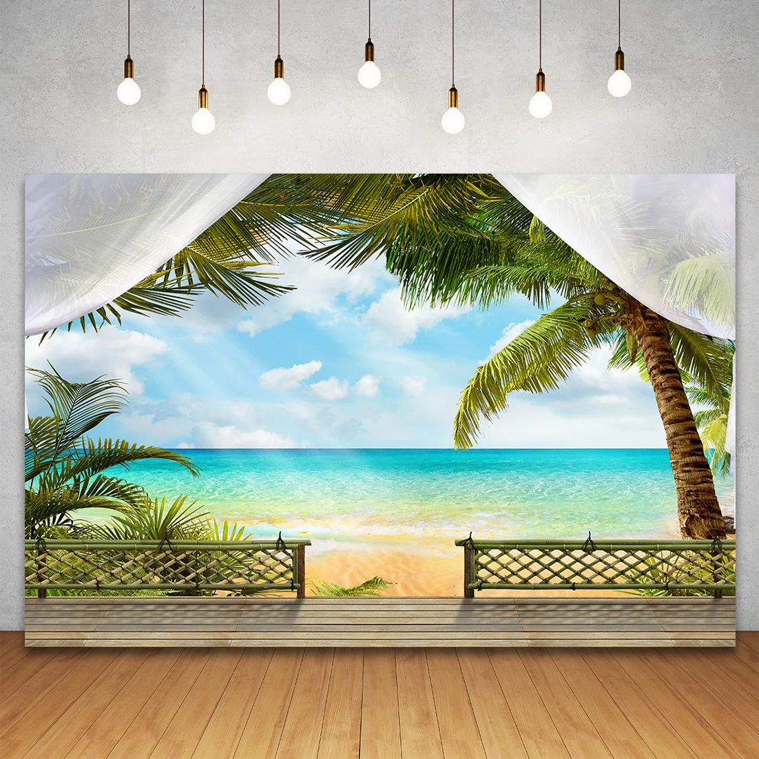 Verão praia palmeira coqueiro fotografia fundo estúdio de fotos mar praia areia nublado céu azul cena festa pano de fundo photozone
