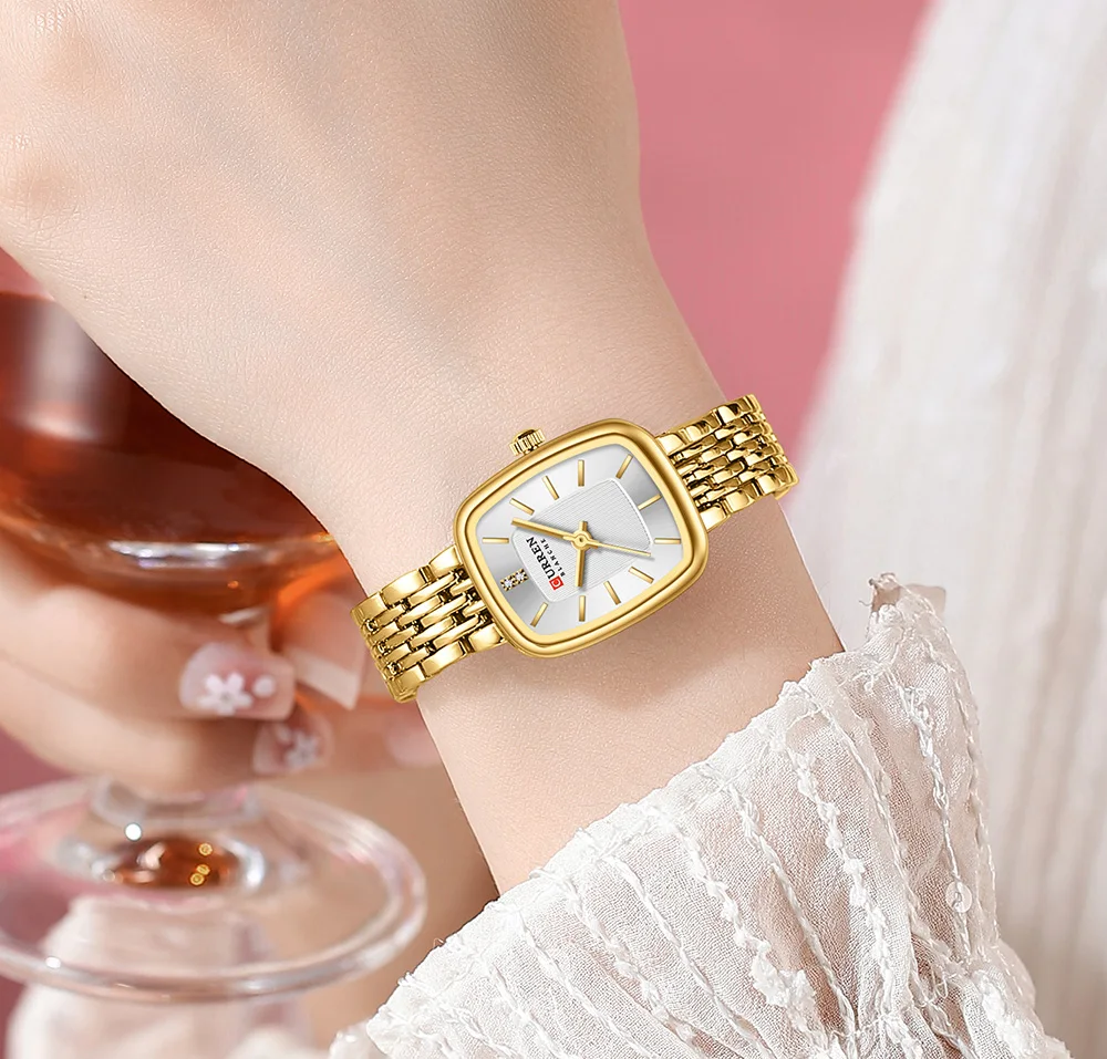 Curren 9093 Damen-Quarzuhr, wasserdicht, luxuriös, Party-Damenuhr, elegantes goldenes rechteckiges Zifferblatt, Quarzuhr, Armband, Geschenk – Detail 13