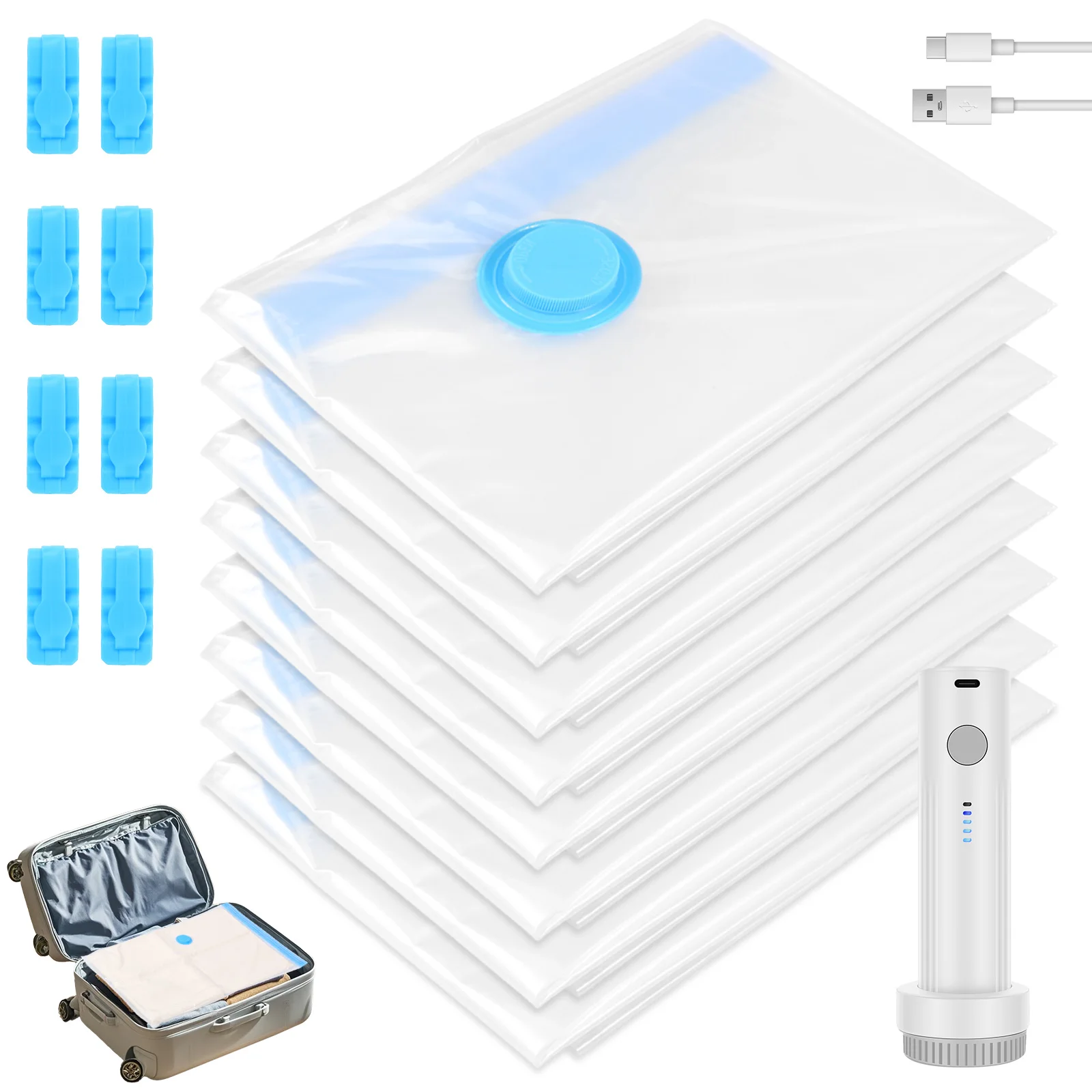 8Pcs Vacuum Bag for Clothes Thickened Compression Bag with Electric Pump and Sealing Clip for Blankets Clothes Space-saving