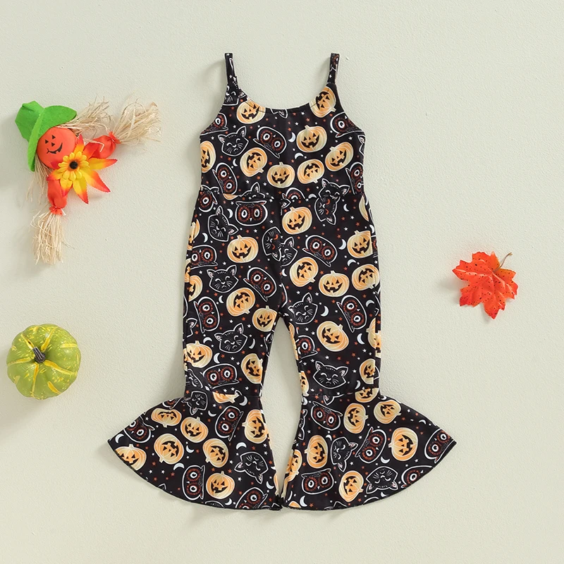 Kid Girls Jumpsuit Spaghetti Straps Pumpkin Print Romper Casual Halloween Costume