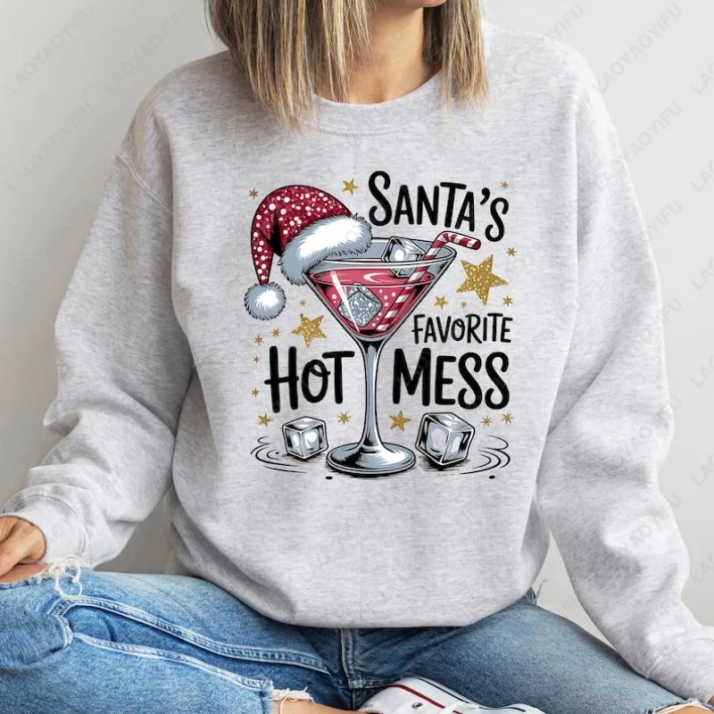 

Santa's Favorite Hot Mess Christmas Hoodie Men Women Festive Cocktail Graphic Print Pullover Creative Classics Retro Sweatshirt