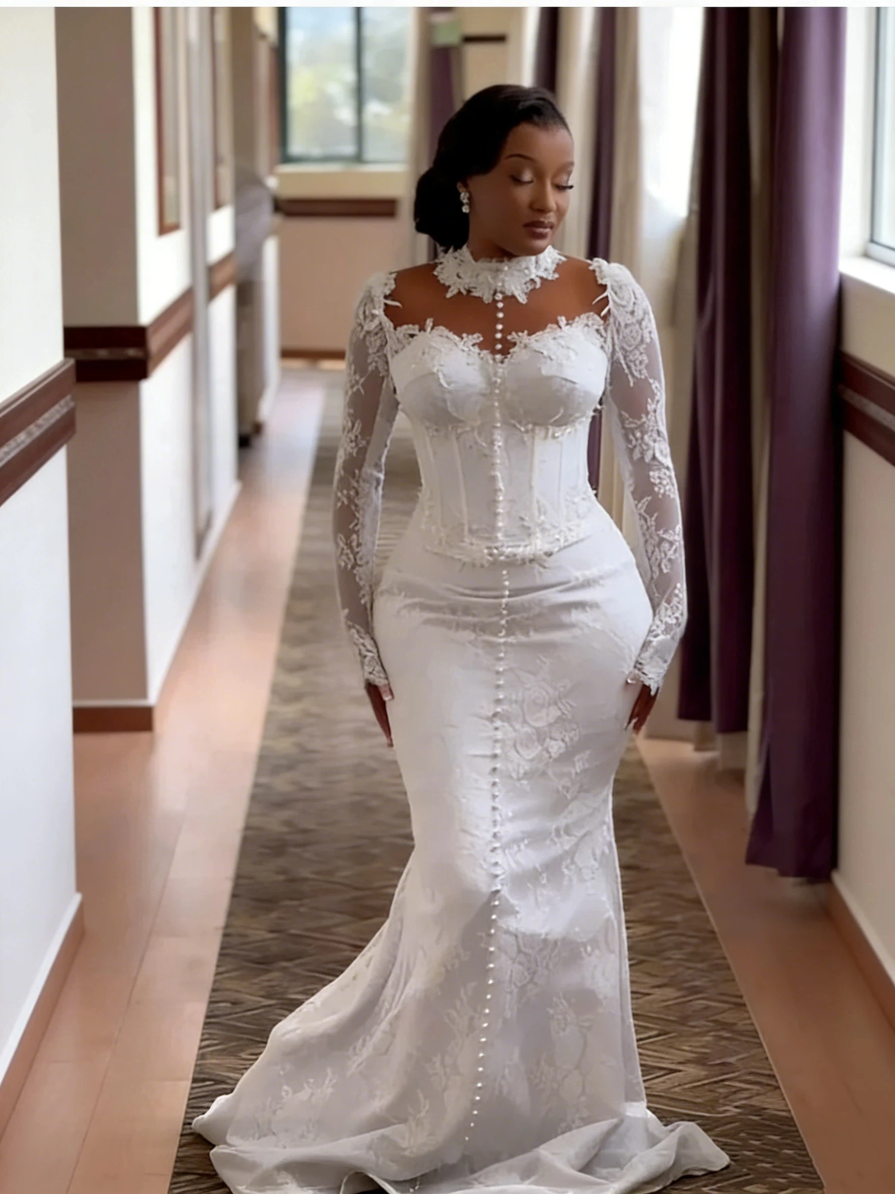 Elegante abito da sposa da donna africano con perle di pizzo bianco a sirena Abito da sposa sexy con collo alto e maniche lunghe personalizzato