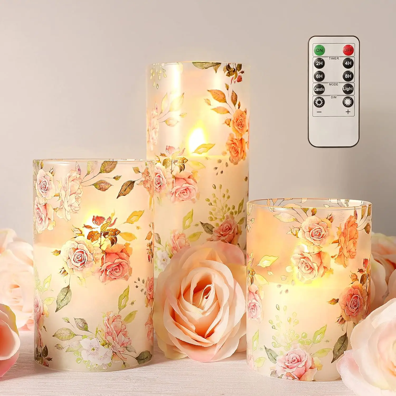 

Pink Flameless Candles with Remote Timer, Flickering Glass Candles for Love Decor and Gifts