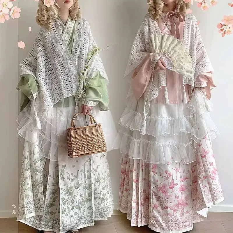 

Ролевой костюм, праздничное платье, винтажное весеннее платье 2024, зеленая, розовая юбка Hanfu с лошадью, комплект юбки в стиле Лолиты