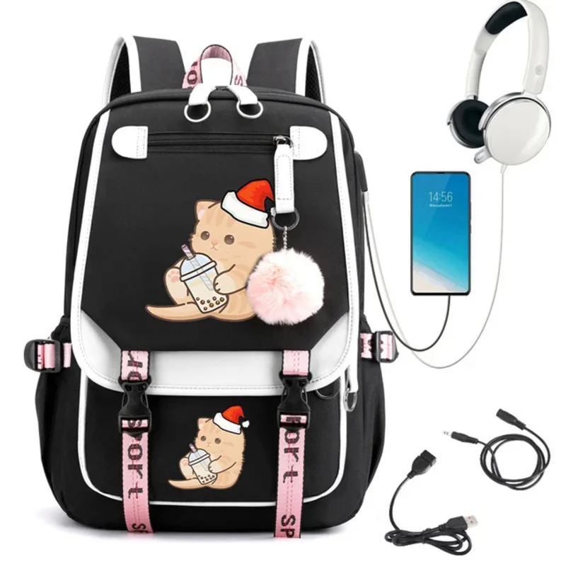 Desenhos animados de volta à mochila escolar, Anime Bookbag, Mochila de carregamento USB, Boba Kitten Bubble Tea