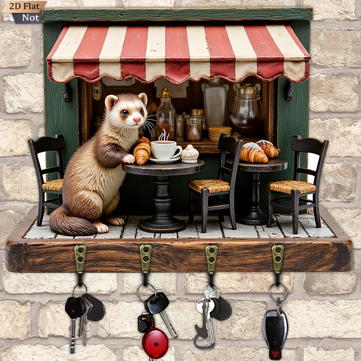 2D Flat, 1pc, Ferret Cafe Key Hook Wooden Multifunctional Home Key Rack with Four Metal Hooks, Wall Decoration, Porch