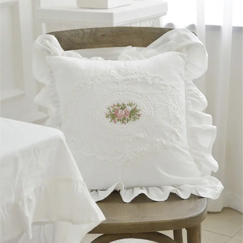 French Cotton Throw Pillow Simple Light Luxury Embroidery White Ruffle Edge Living Room Bedroom Pillow Sofa Back Home
