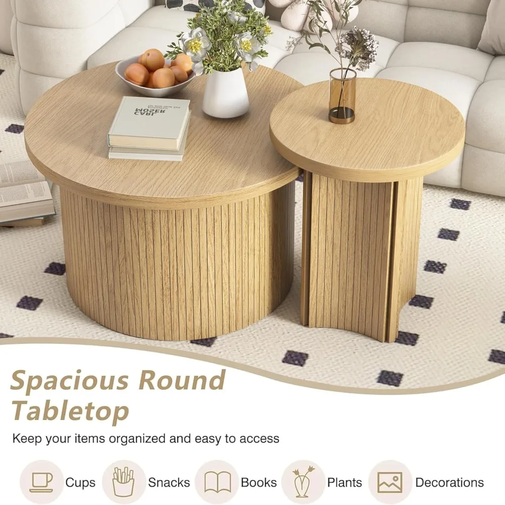 Farmhouse Style Round Wood Coffee Table Set for Living Room, Including 2 Nesting Tables and Small Sofa Tables