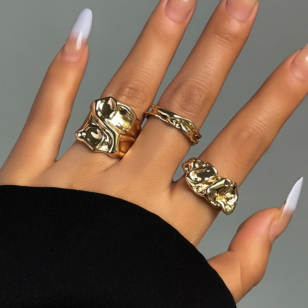 3Pcs/Set Goth Geometric Irregular Rings for Women Wed Bridal Gold Color Creative Simple Metal Finger Ring Jewelry Accessories