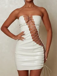 PU Imitation Leather Cross Strap Hollow Out Slim Bodycon Dress Women Sleeveless Off Shoulder Mini Dress Evening Club Party