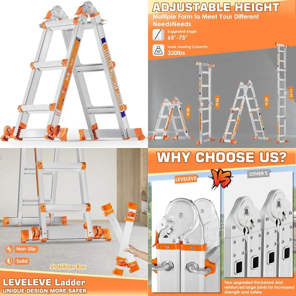 سلم متعدد المواضع بطول 11 قدم على شكل حرف A مع قضيب تثبيت وعجلات، سعة تحميل 330 رطل، سلم تمديد للأمن وV #1