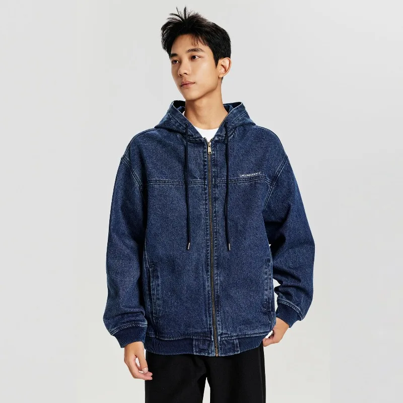 

Washed Denim Jacket Plus Size Men Clothing Chest Three-dimensional Letter Embroidery Designs Bronze Zipper Hooded Coat Men's