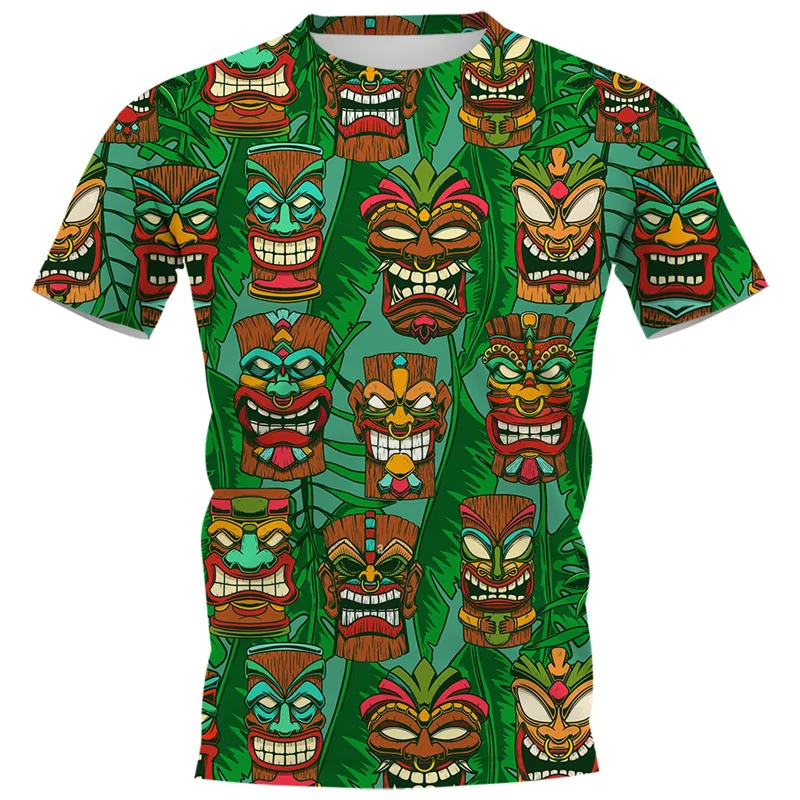 Summer Hawaiian Tribe Mask 3D Printed T-shirt For Men Personality Crewneck Street T Shirt Harajuku Short Sleeve Tops Tees