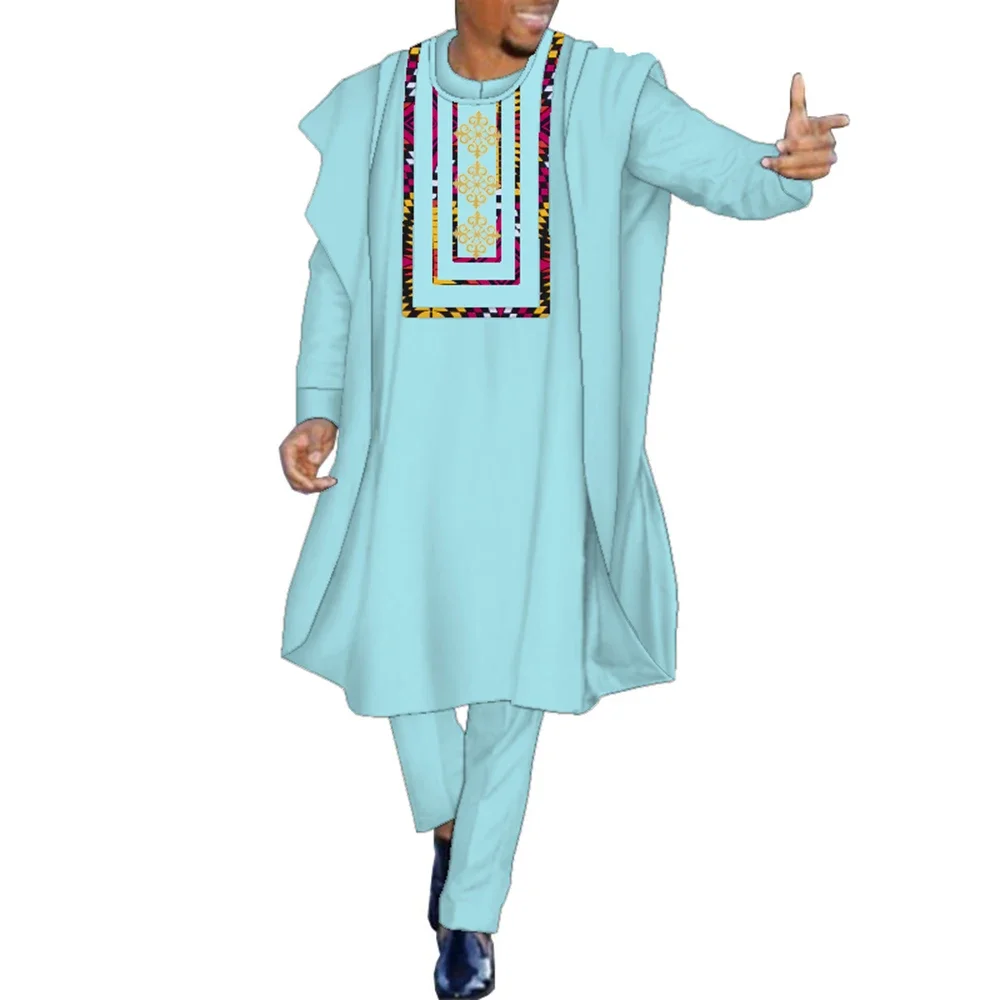 Conjunto de 3 piezas de ropa africana tradicional para hombre, pantalones de vestido con blusa, conjunto de pantalones de Color liso de retazos con