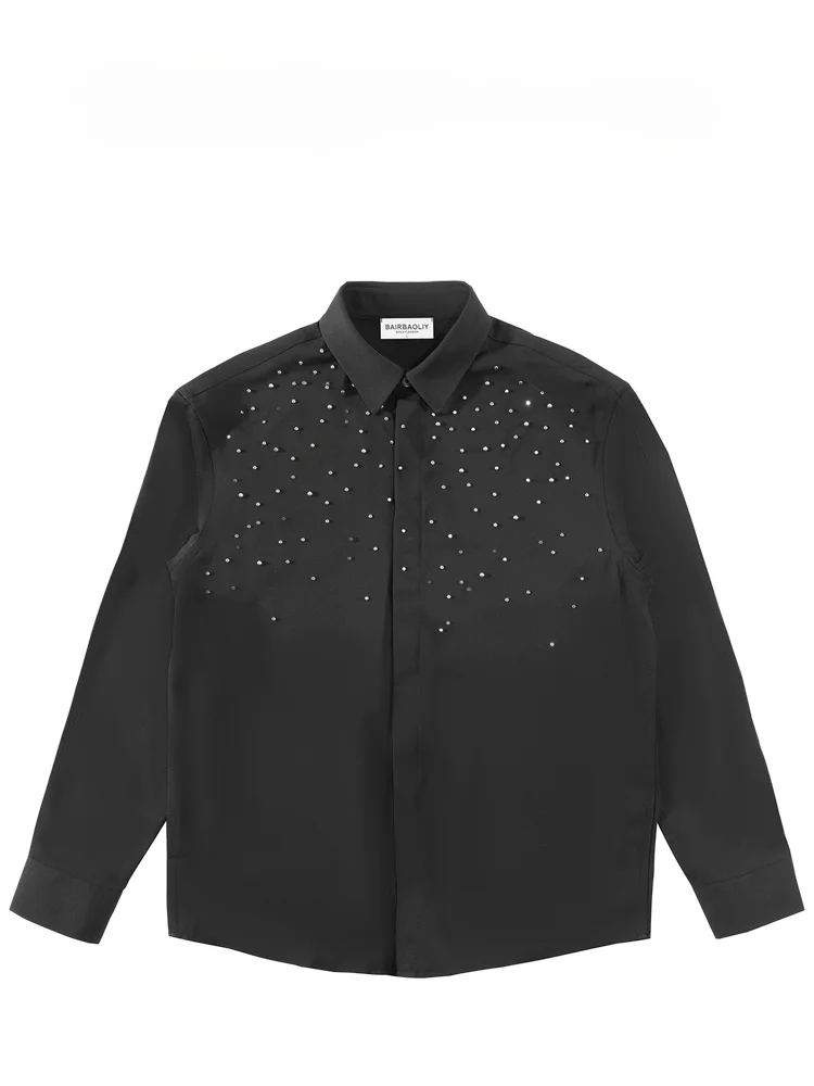 

BAIRBAOLIY Luxury Bead Embellied Casual irt Men's Long Sve Design Youth Exclusive Sle Stand Fit Polyester Fiber