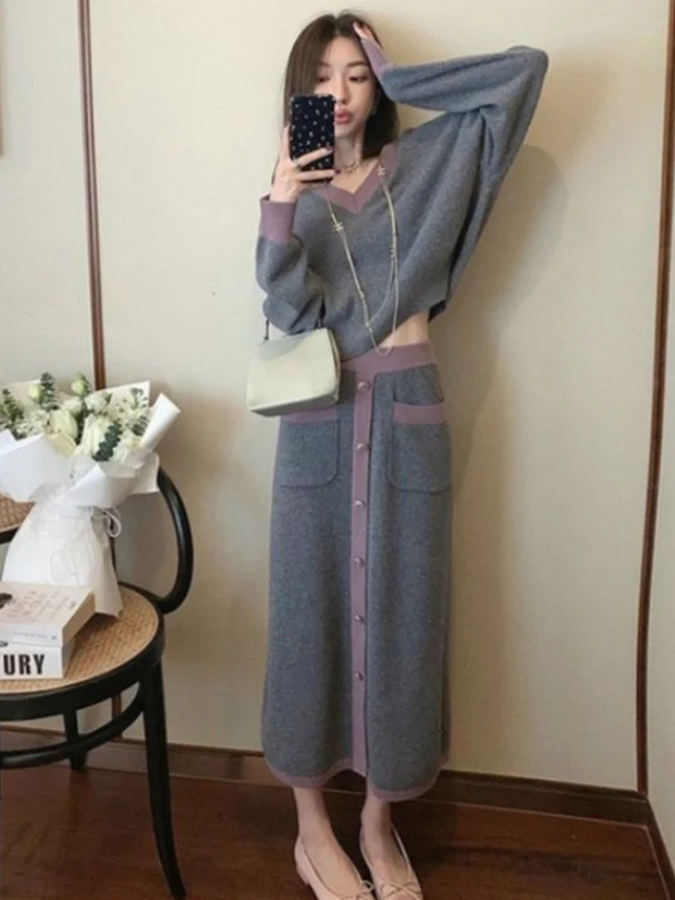 

Женский свободный пуловер с v-образным вырезом + однобортная полуюбка с высокой талией, осенний повседневный теплый вязаный комплект с цветными блоками для пожилых людей