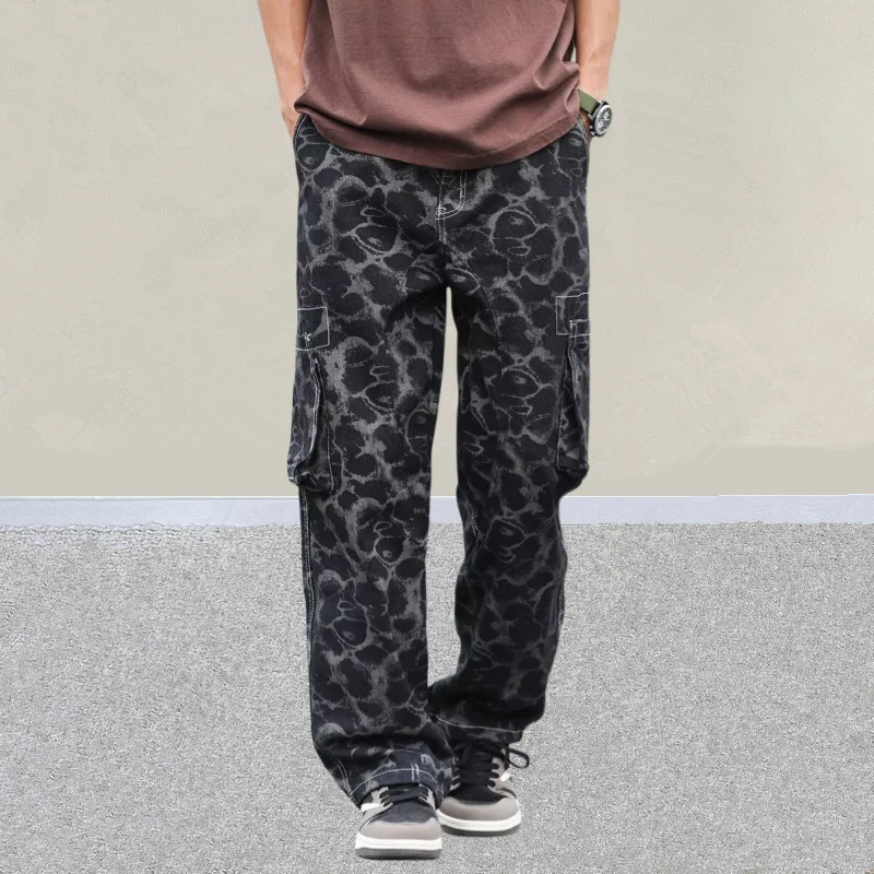 2025 Trashy Y2K Fashion Black Leopard Baggy Cargo New Jeans Pants For Men 90S Vintage Clothes Casual Cotton Trousers Moda Hombre
