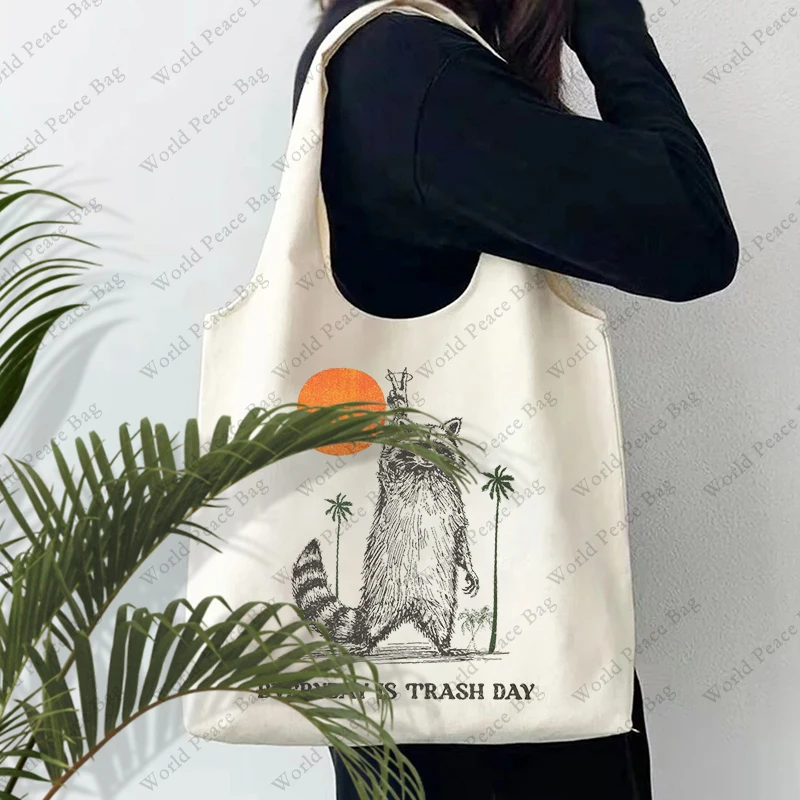 1 pc Everyday Is Trash Day Raccoon pattern Tote Bag Literature Shoulder Bag Illustration Girl Book Bag Travel Harajuku Canvas