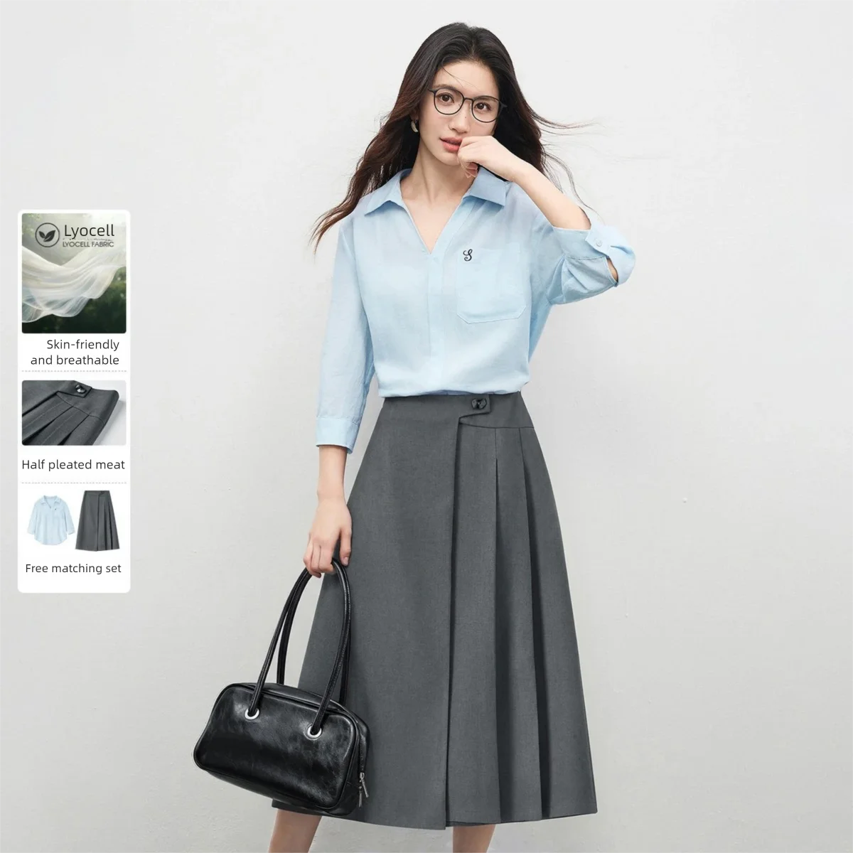 

SENTUBILA Women Tencel Embroidered Two-Way Sleeve Shirt A-Line Midi Skirt Set 2026 Summer Commuter Outfit Office Lady 161ZI7084Z