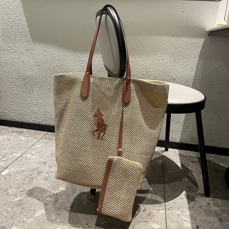 2025 جديد كسول نمط القش المنسوجة حمل حقيبة اللون كتلة بولو الحصان العلامة التجارية حقيبة كتف مفردة سعة كبيرة موضة دلو حقيبة F...