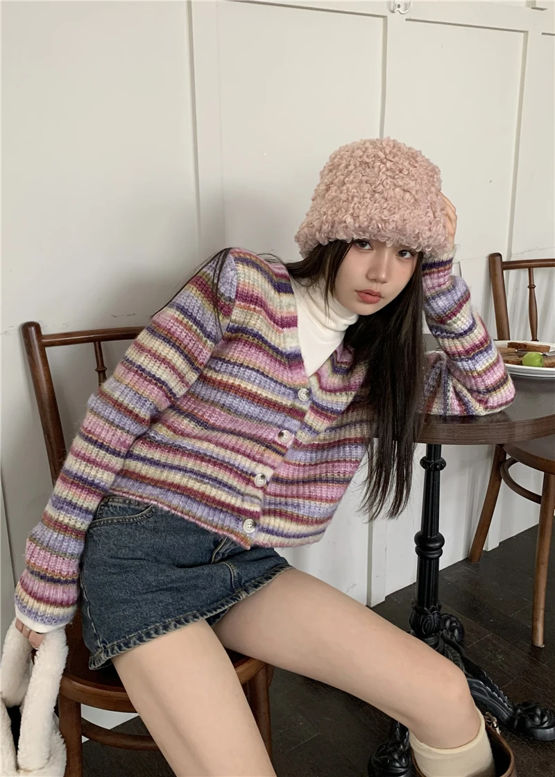 

Y2K cardigan sweater retro rainbow stripes contrast color pullover fashion knitted jumper design full matching sweater