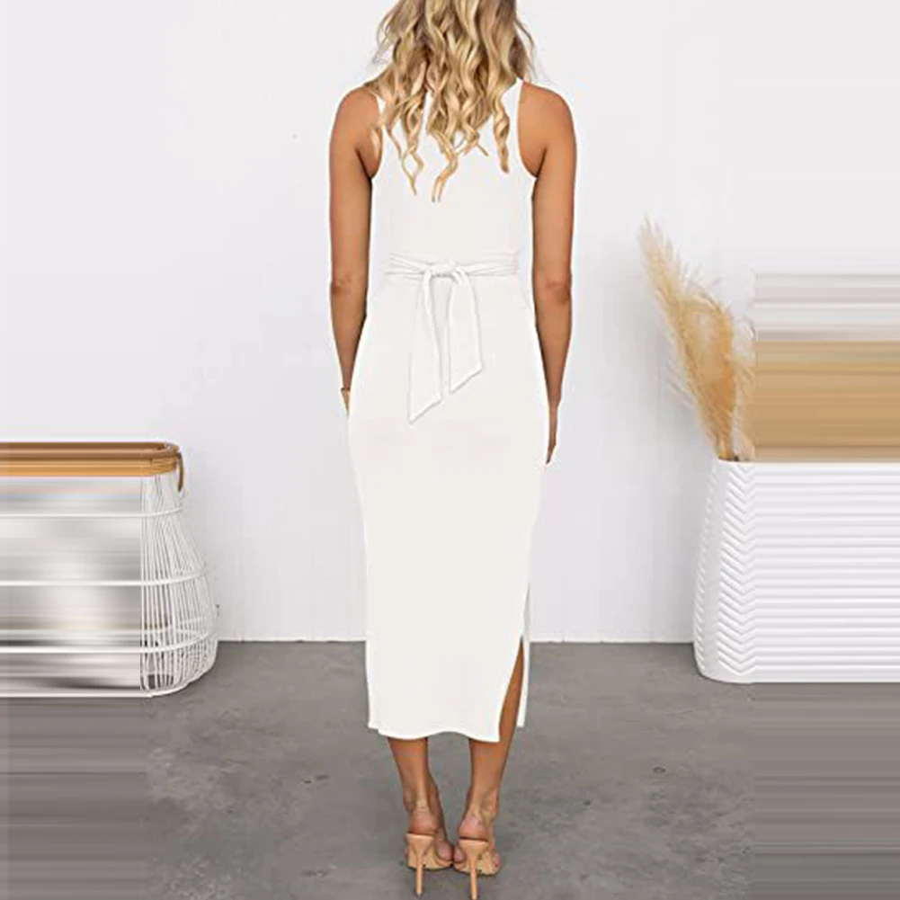 2023 novo vestido ruched bodycon sem mangas leve estiramento fino ajuste vestido de malha sólida feminino crosscriss recorte