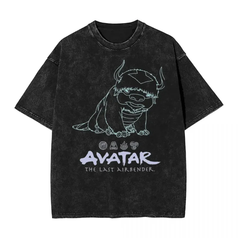 Avatar masculino e feminino The Last Airbender T-shirt, logótipo Appa Line Art, t-shirt lavada, streetwear retrô, High Street, verão