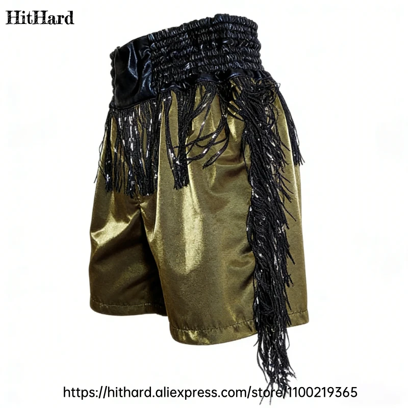 Kickboxing Shorts Green Professional Muay Thai Shorts Men Women Child MMA Boxing Training Competition Fight Pants Silver Tassel