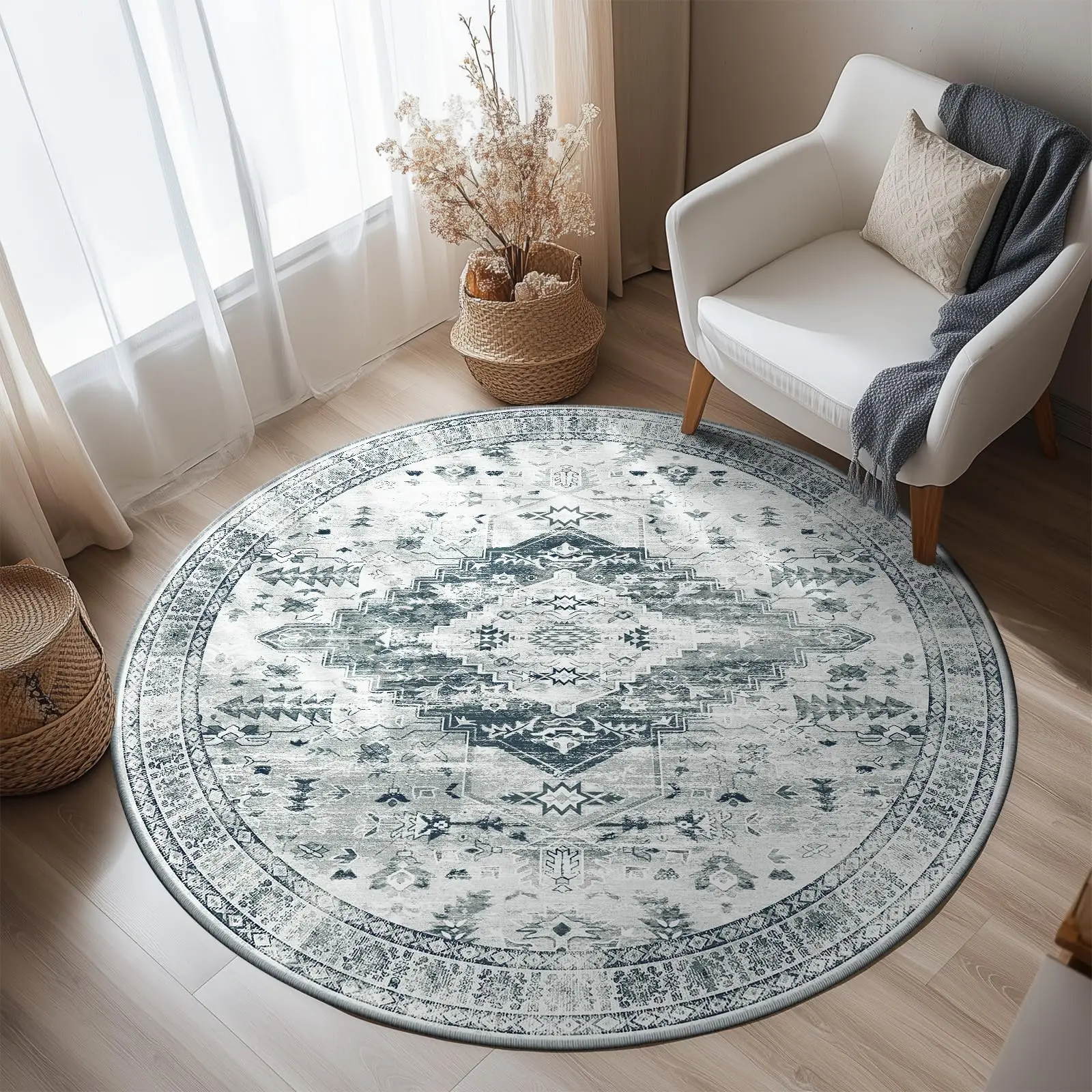 Washable No-Pile Vintage Boho Area Rug 4
