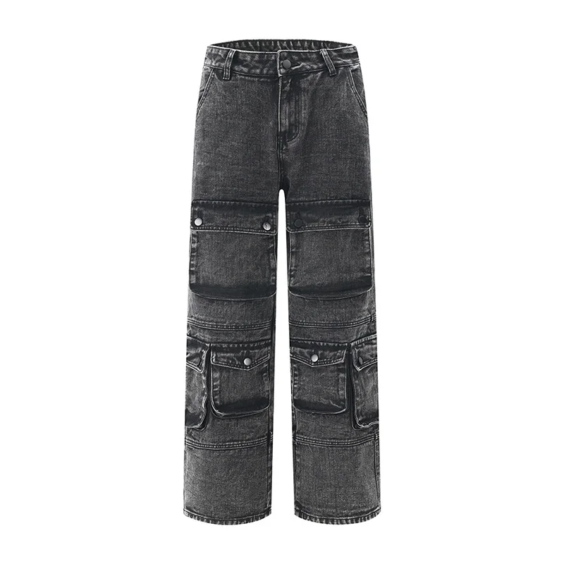 

Hi Street Cargo Washed Jeans Pants Multi Pockets Streetwear Harakuju Denim Trousers Patchwork