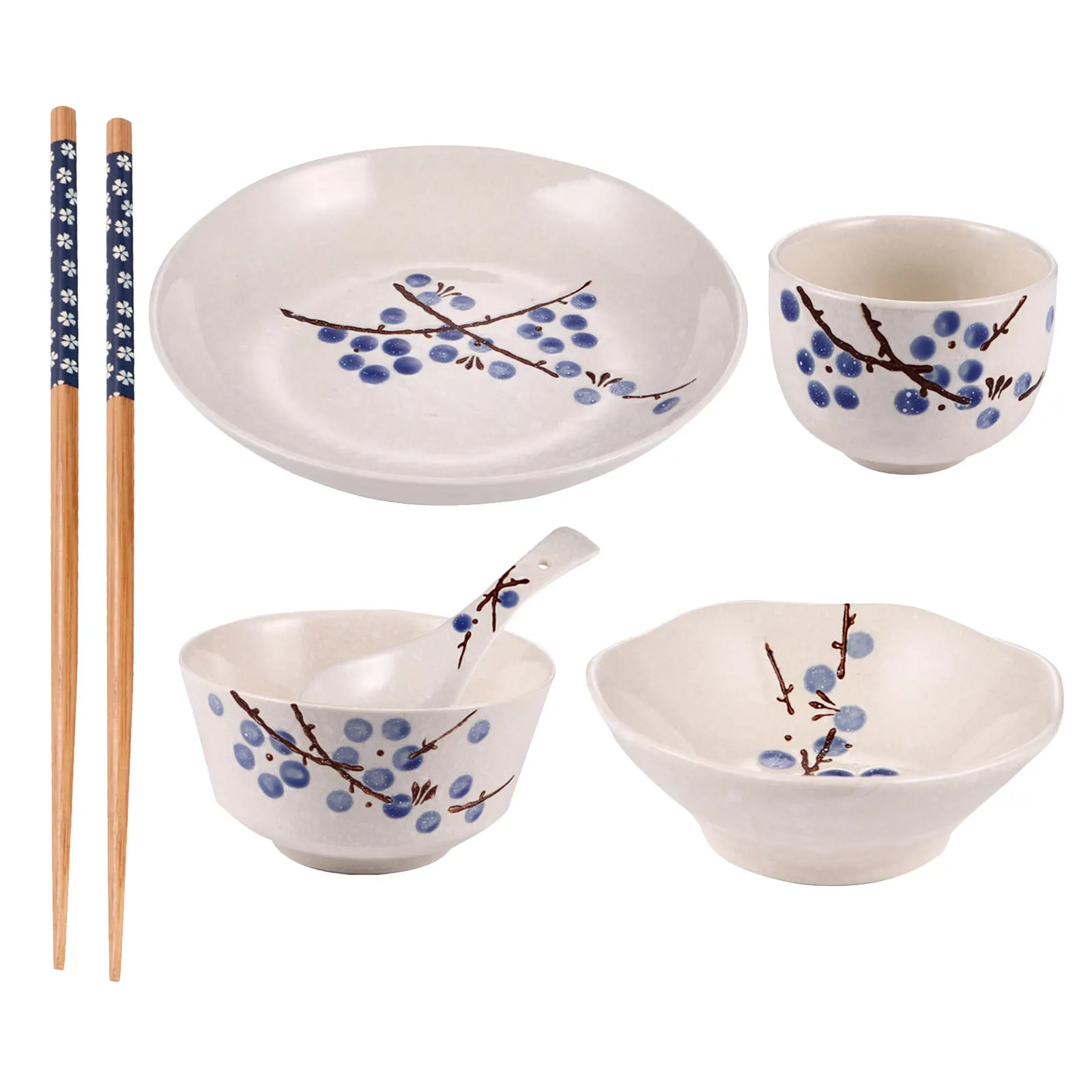 Juego de Vajilla de Cerámica para el Hogar, Diseño Japonés con Patrón de Flor de Ciruelo, Plato, Tazón, Taza, Cuchara, Palillos, Tamaño Ideal, Ecológico