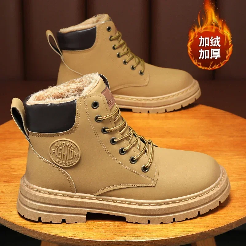 Men Winter Fleece Lined Ankle Boots All Black Matte Leather Lace Up Thick Lug Sole Warm Casual Outdoor Shoes