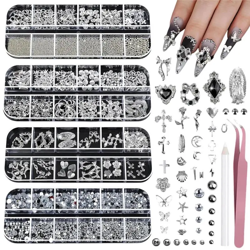 

Набор украшений и страз для ногтей, 4 коробки, инструменты для нейл-арта, 3D-украшения для ногтей, стразы в форме сердца