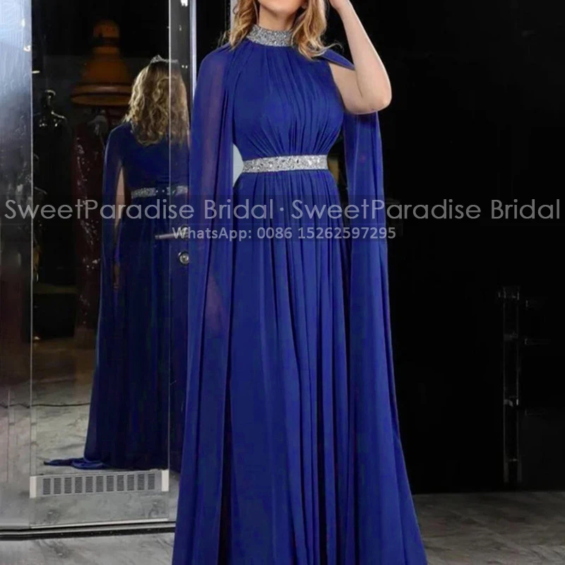 Heavily Beaded High Neck Mother Of The Bride Dresses A Line Long Cloak Shawl Customized Royal Blue Chiffon Evening Dress