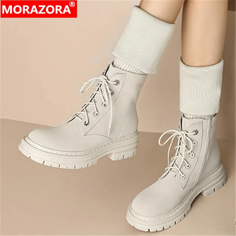 

MORAZORA 2022 New Cross Tied Knee High Boots Platform Genuine Leather Women Boots Spring Thick Med Heels Shoes