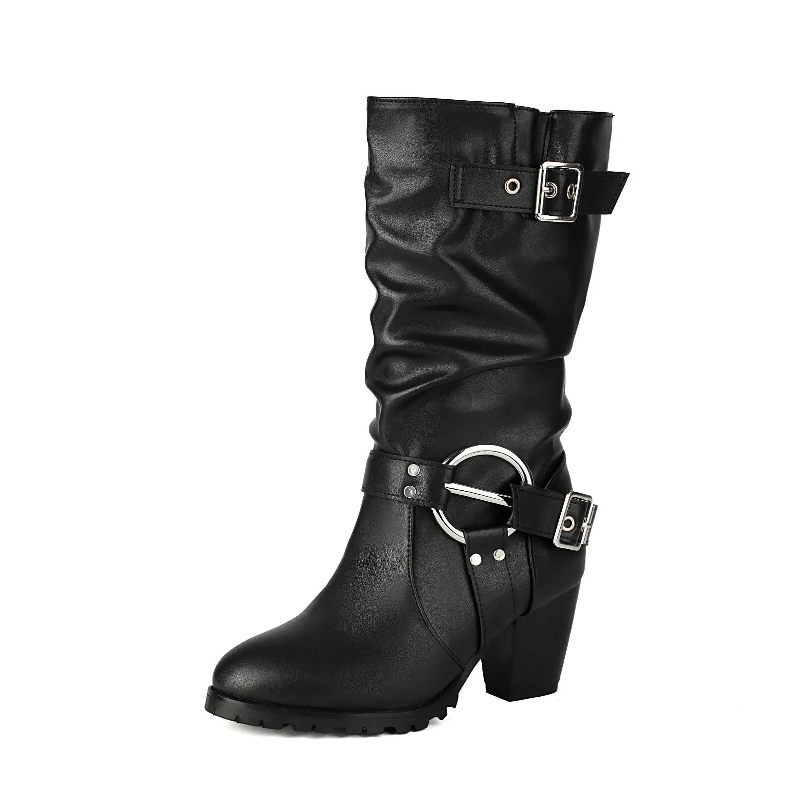 

Wide Calf High Boots for Women Slouch Booties Pull On Buckles Chunky Spike Heels Metallic Buckle Soft Leather Shoes