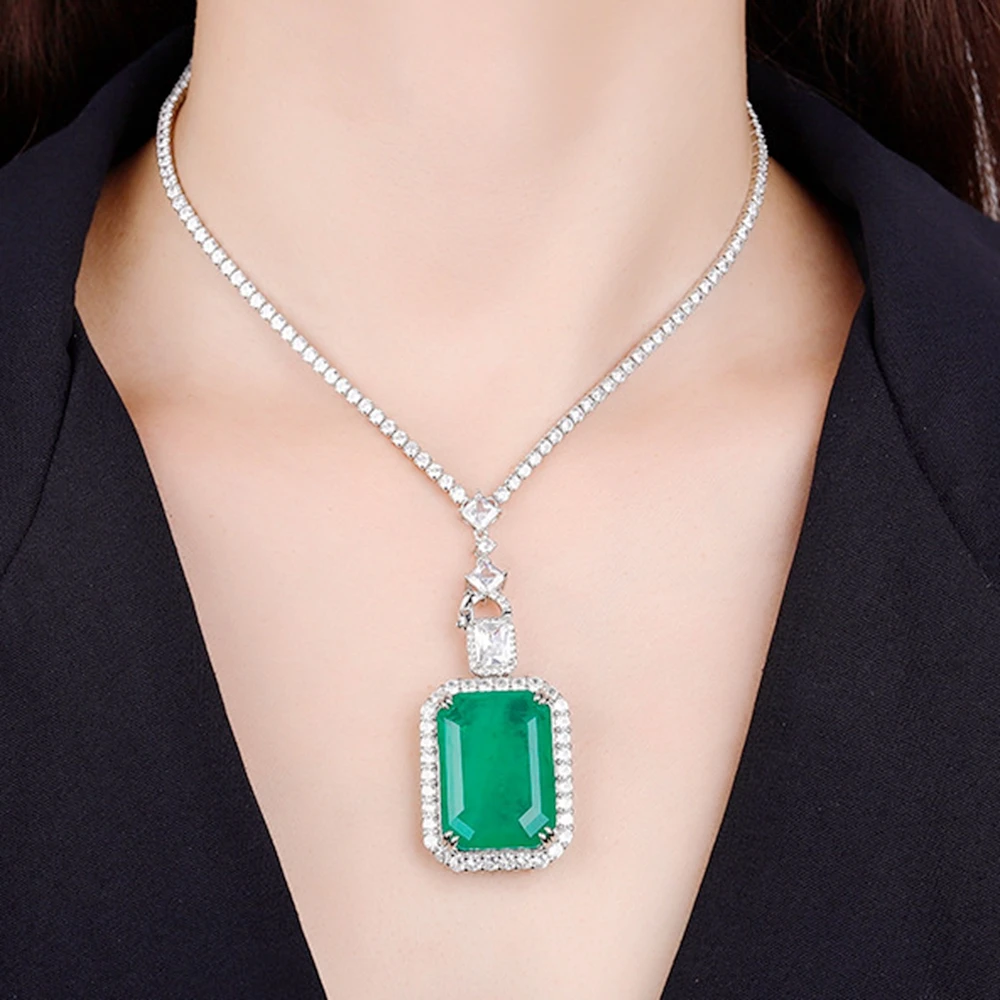 KQDANCE Huge Rectangle 20*28mm Lab Green Emerald Blue Paraiba Tourmaline Diamond Pendants Tennis Chain Necklaces Luxury Jewelry